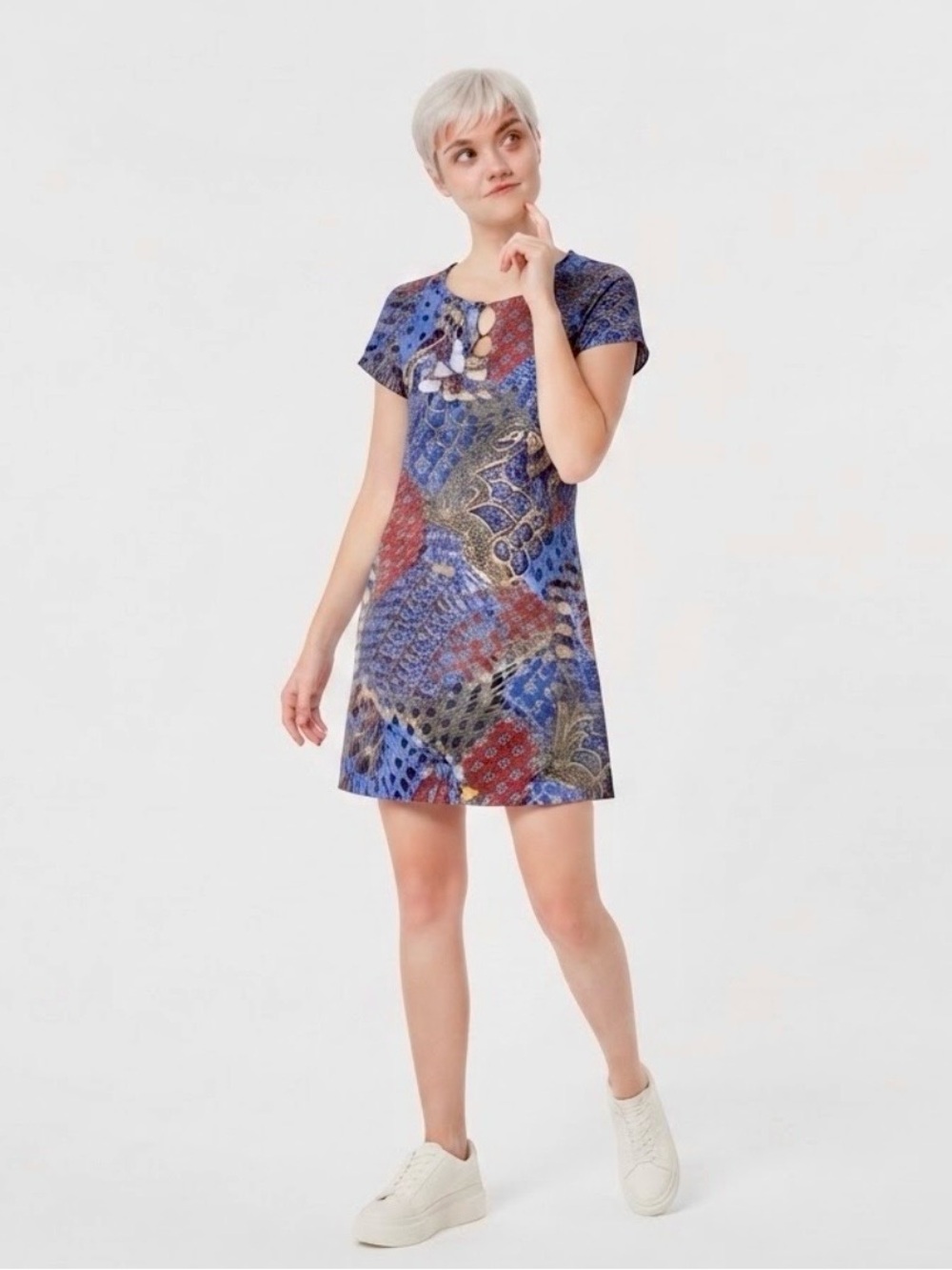⁠Everlily Blue Paisley O-Ring A-Line Short Sleeve Dress Sz M⁠